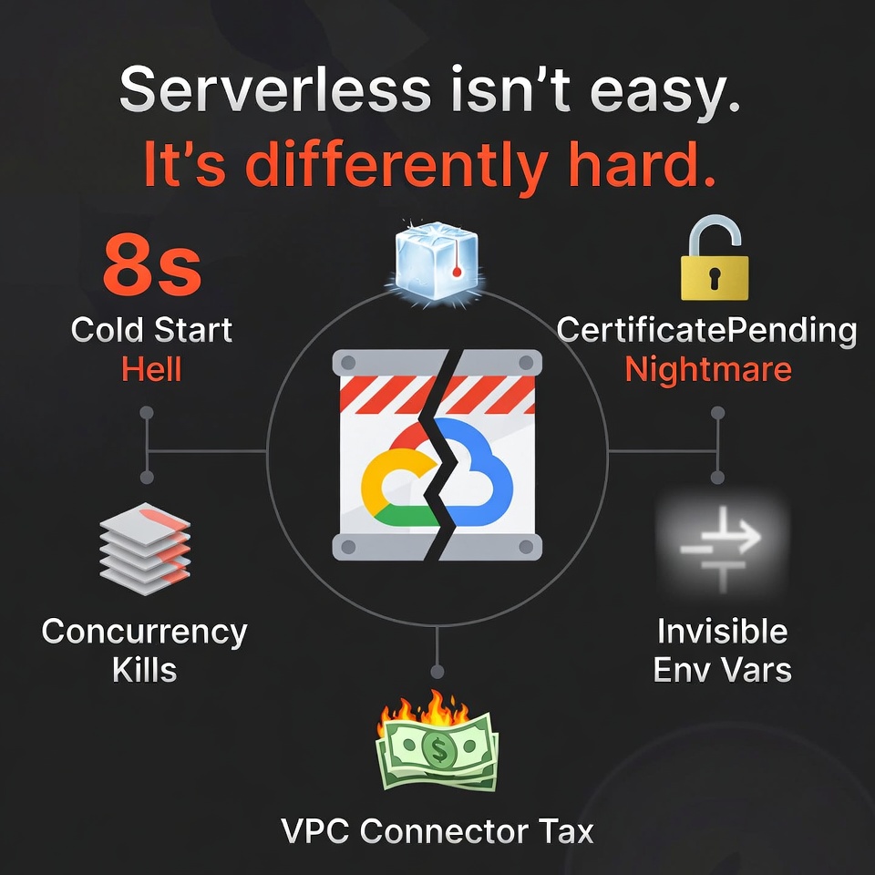 Cloud Run architecture diagram showing VPC connectors and cold start flow