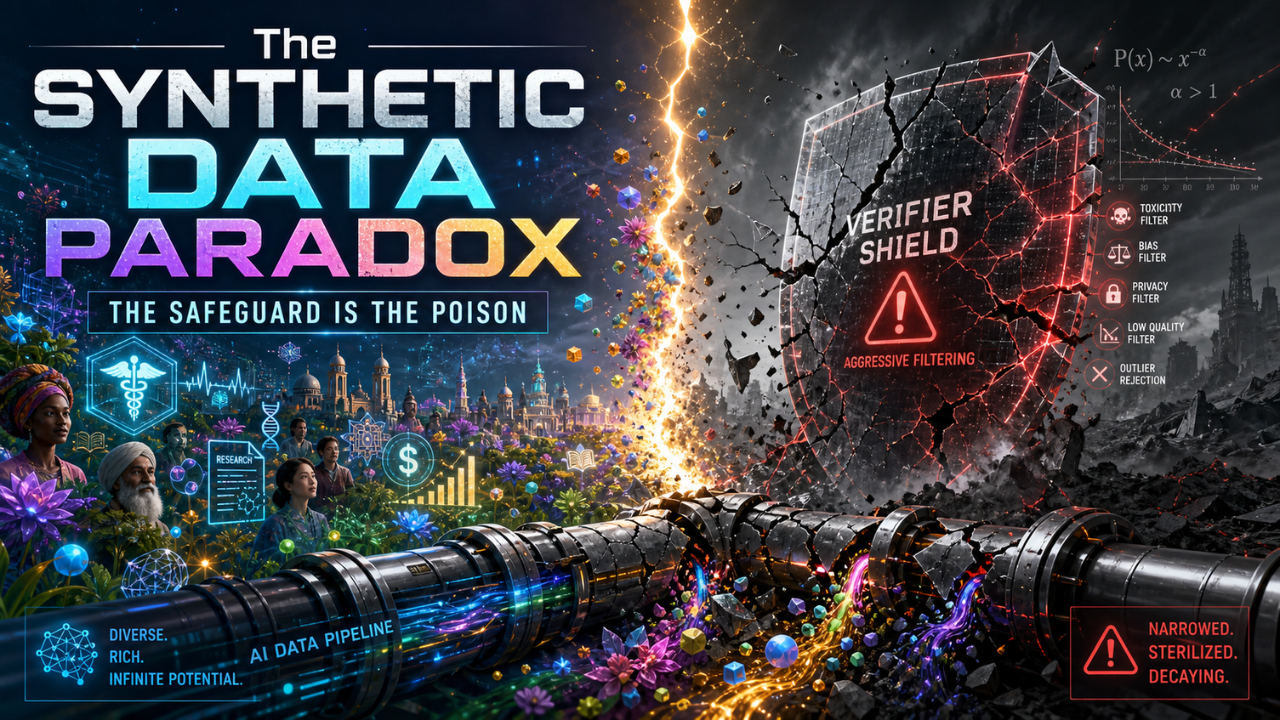 Synthetic data paradox concept - training pipeline verifier accelerating model collapse while appearing as a safeguard