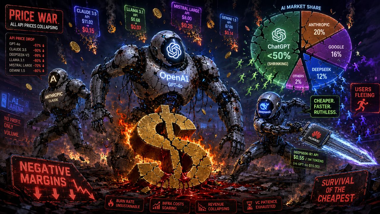 AI price war visualization showing billion-dollar labs operating at negative margins with OpenAI, DeepSeek, Anthropic, and SpaceX competing