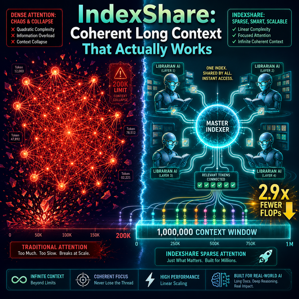 IndexShare architecture diagram showing shared indexer across four sparse attention layers enabling coherent long-context retrieval at reduced computational cost