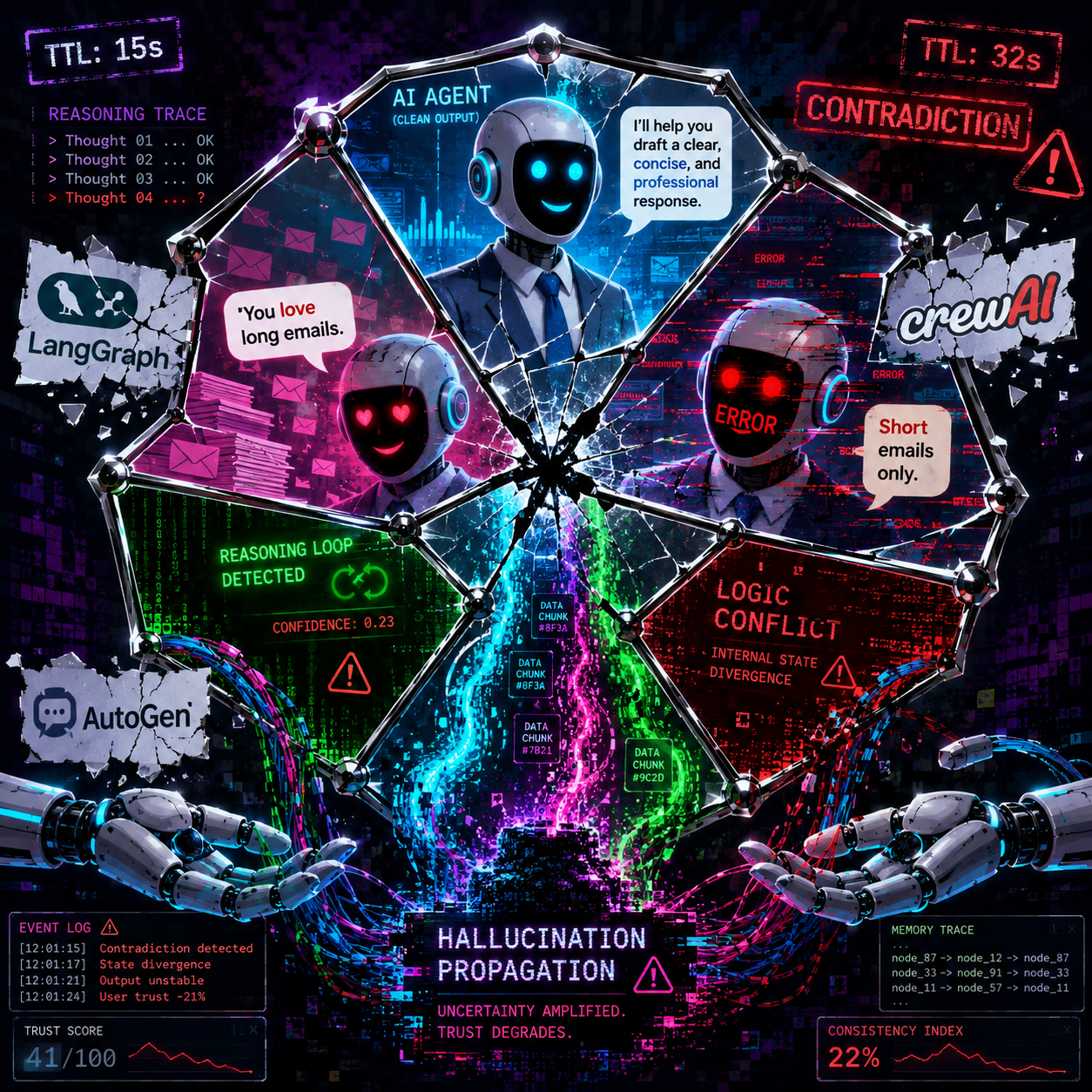 Agent memory framework comparison showing LangGraph checkpointing, CrewAI shared memory, and AutoGen group chat history with their respective failure modes
