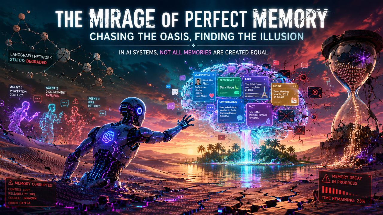 Agent memory consistency failure visualization showing corrupt memory states propagating across sessions like a virus