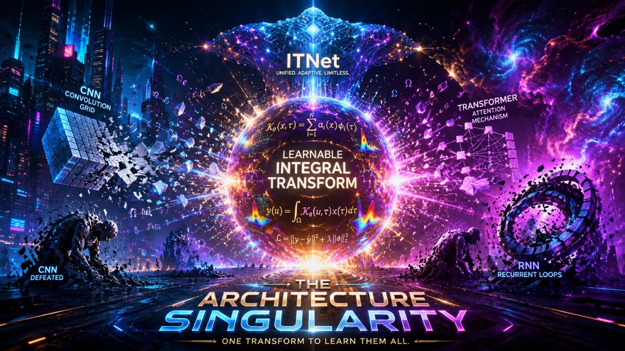 ITNet architecture unification concept showing CNNs, Transformers, and RNNs converging into a single learnable integral transform