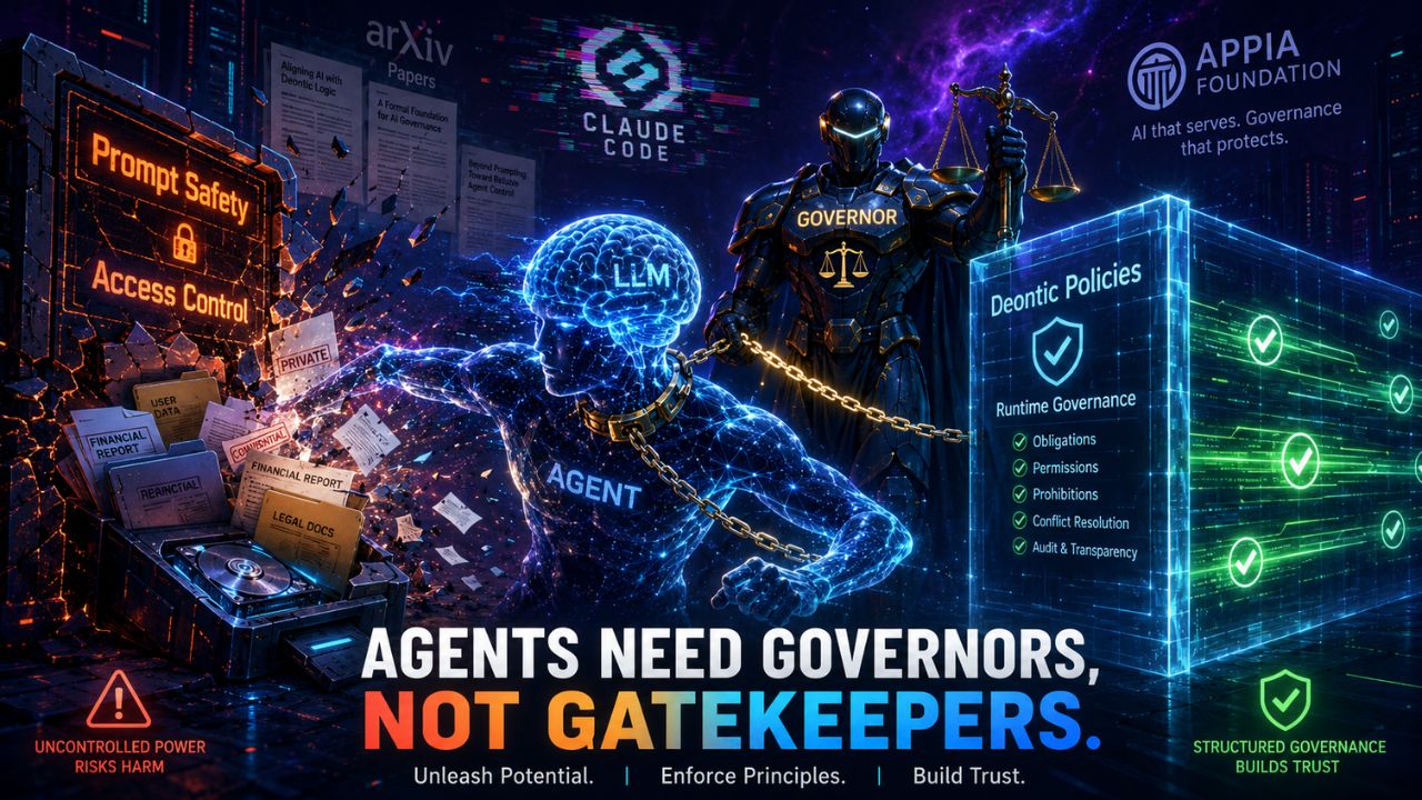Agent governance architecture showing deterministic enforcement outside the LLM with deontic policy engine at the middleware boundary