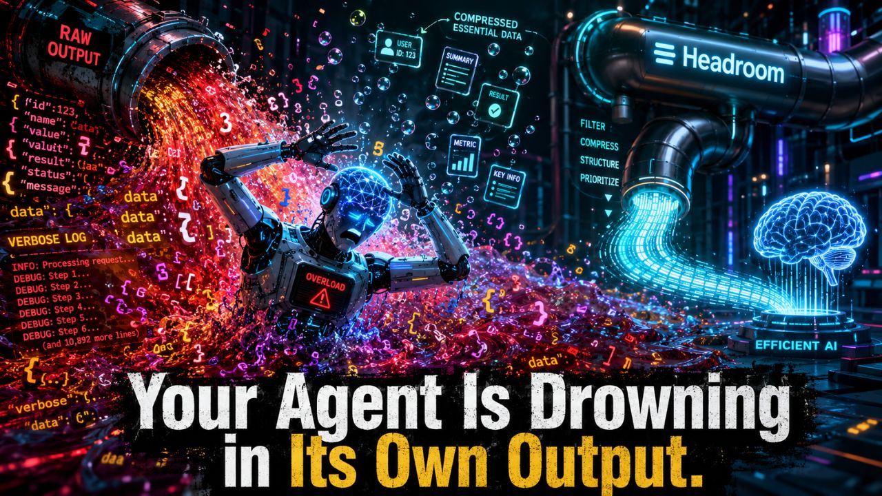 AI agent drowning in raw tool output - context compression visualization showing structural noise overwhelming signal