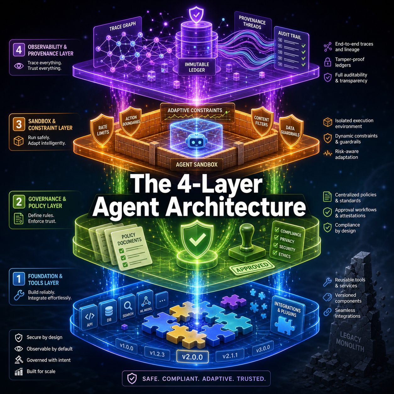 4-layer agent architecture diagram showing Supply Chain, Mediation, Execution Control, and Evidence & Feedback layers