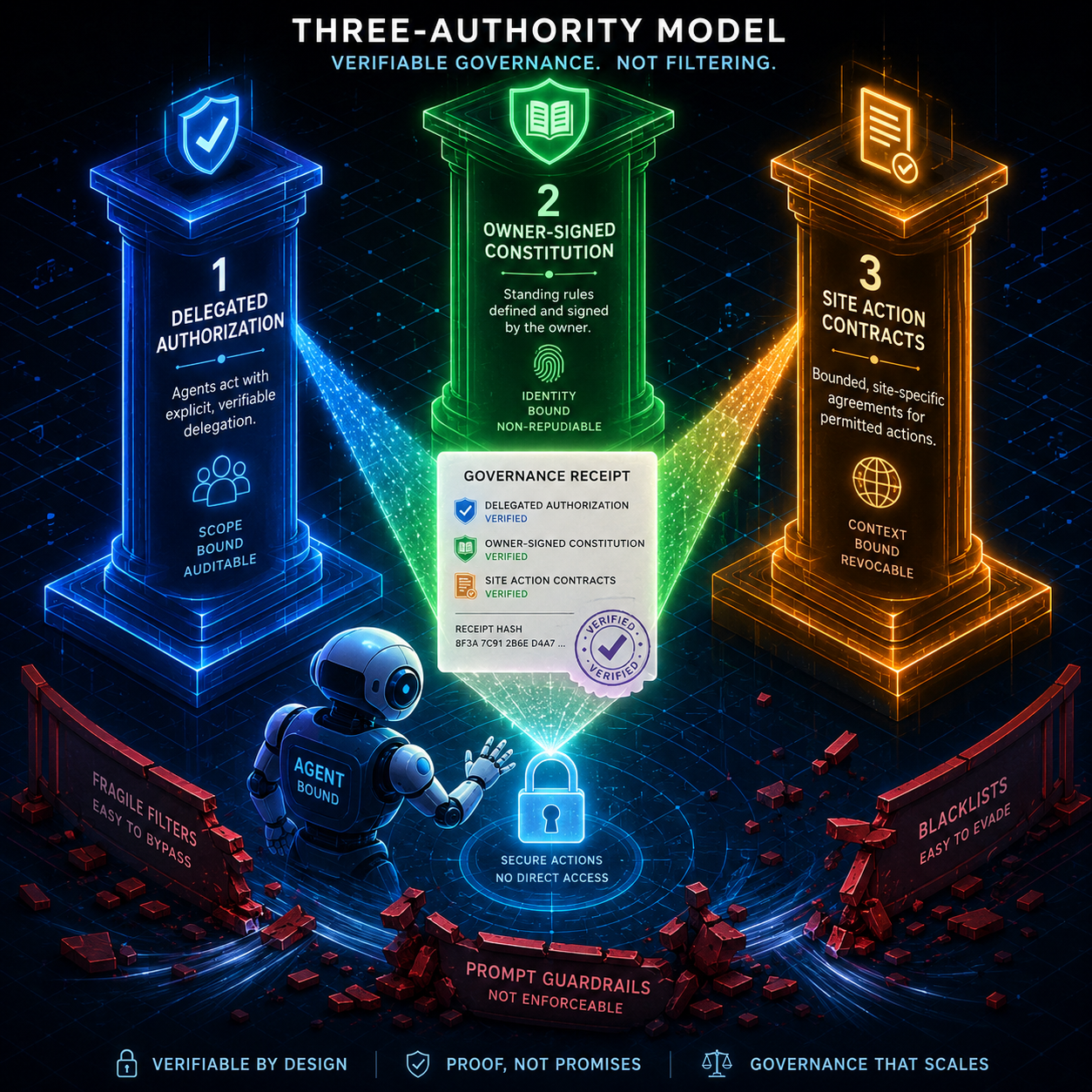 AgentBound three-authority governance model diagram showing delegated authorization, owner-signed behavioral constitutions, and site action contracts
