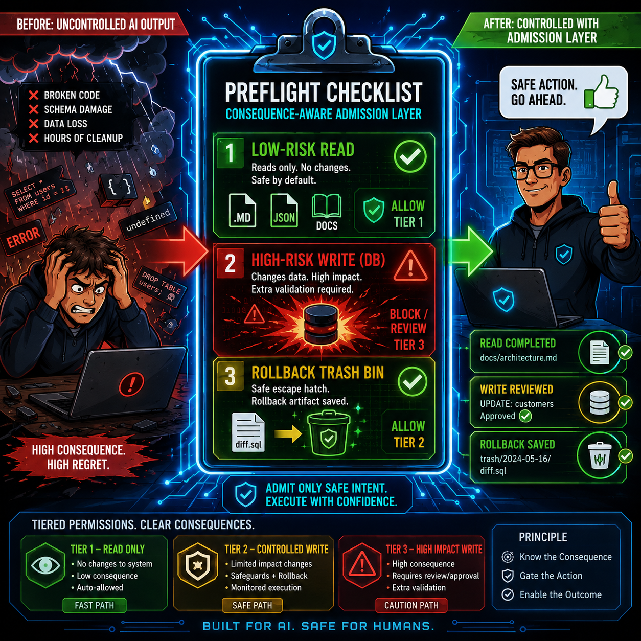 Action Preflight framework diagram showing consequence-aware admission control for AI agents