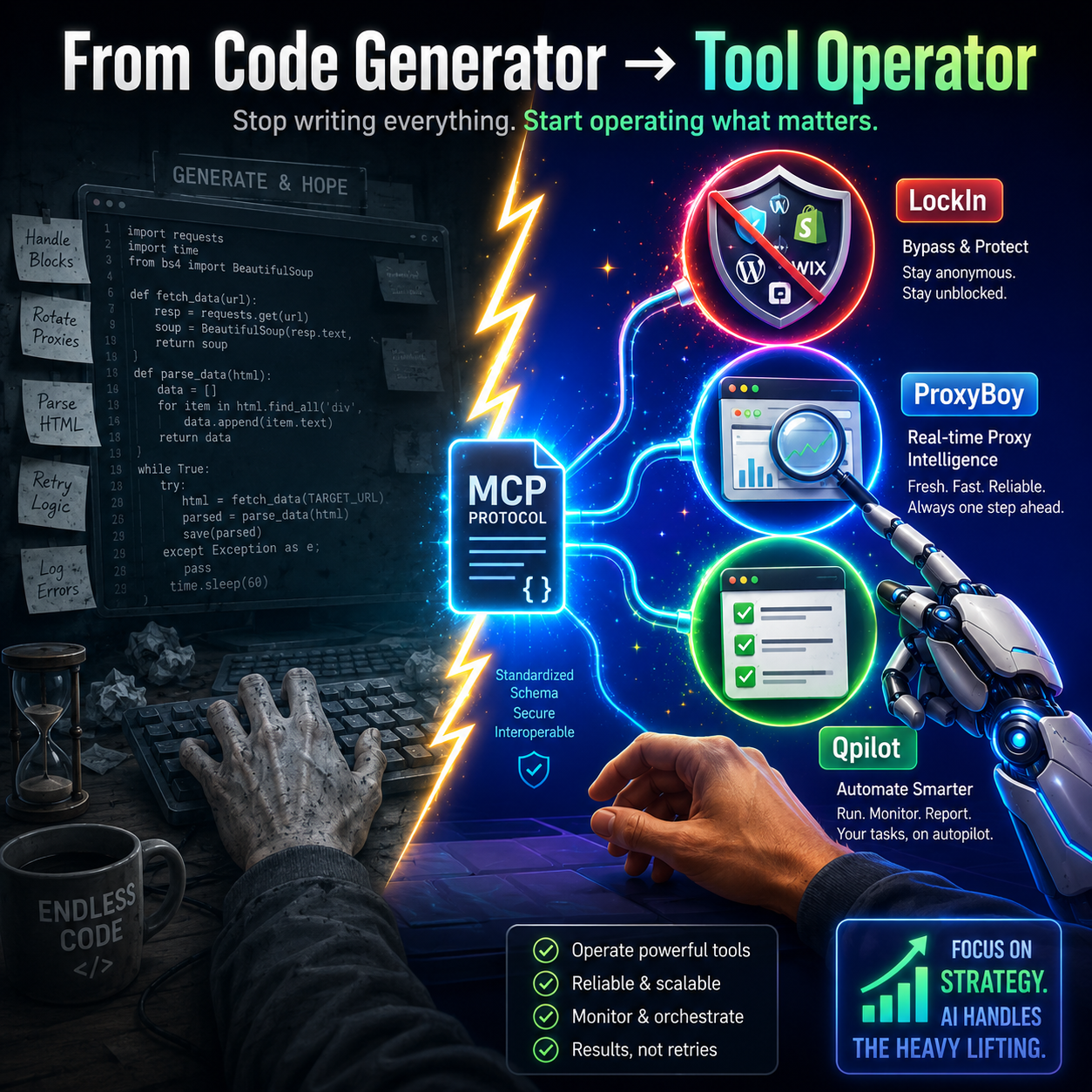 Three tools demonstrating the agent-as-tool-operator paradigm: ProxyBoy, Qpilot, and LockIn MCP