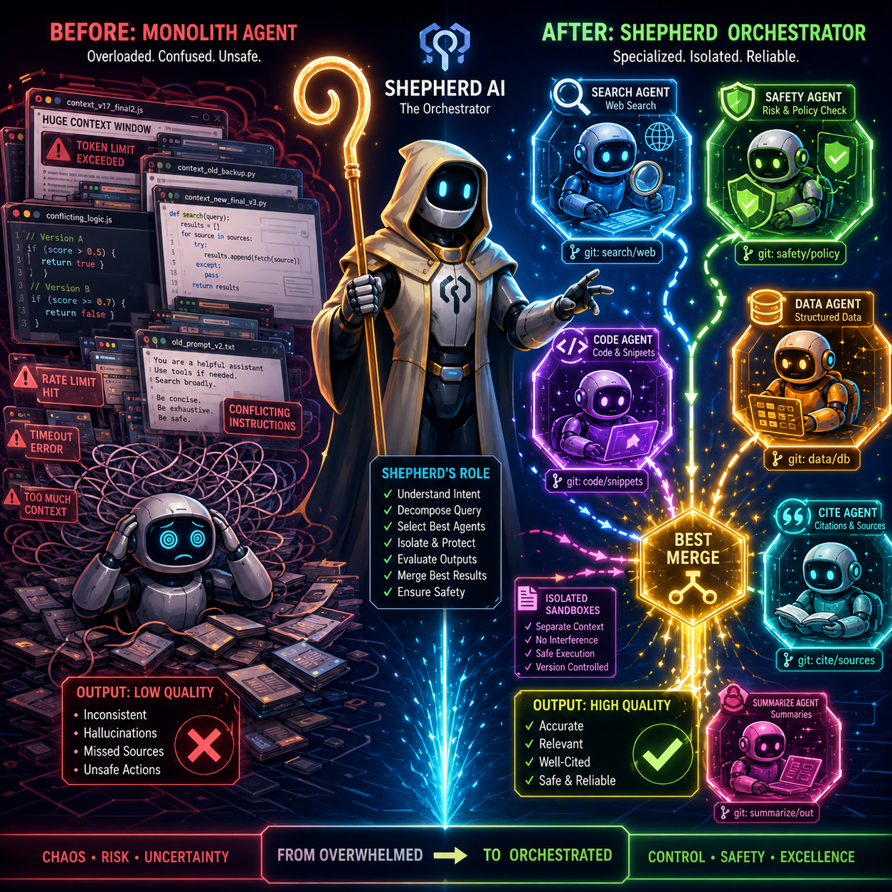 Orchestrator pattern architecture diagram showing Shepherd Agent managing multiple Search Agents