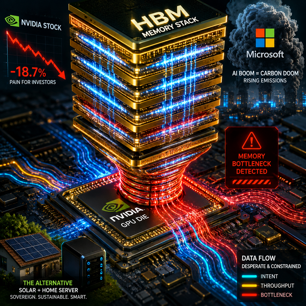 Diagram showing HBM memory stacked architecture and its connection to GPU dies