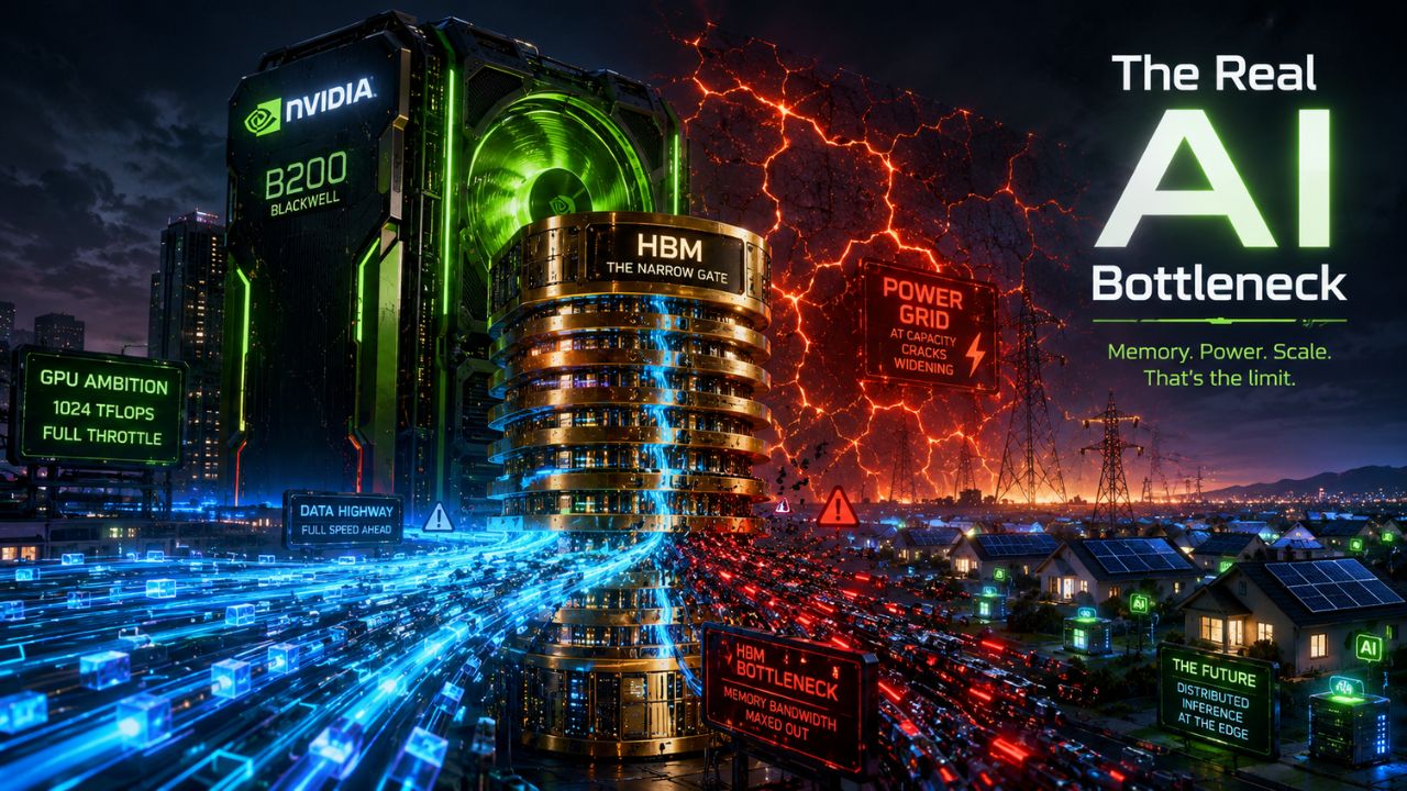 HBM memory chips stacked vertically next to a GPU die, representing the memory bottleneck in AI infrastructure