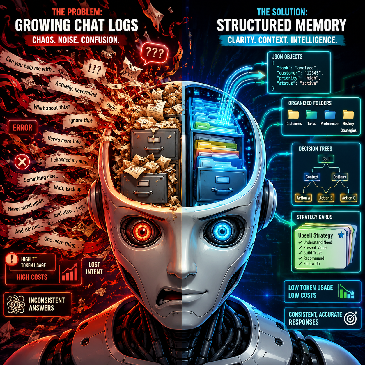 Structured memory replaces the growing chat log with a compressed, queryable representation