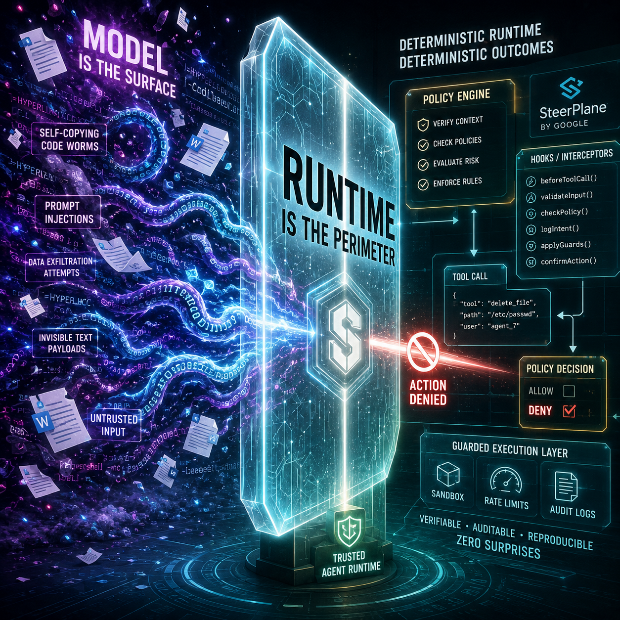 Deterministic runtime guardrails intercept agent tool calls