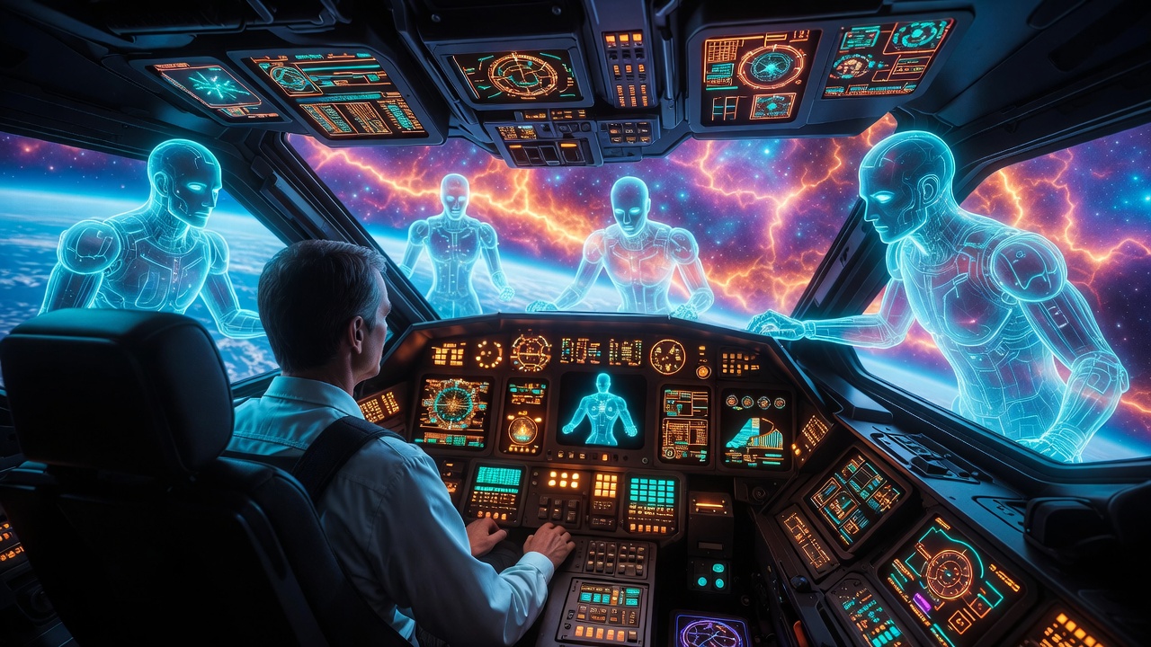 Human and AI working together in partnership - purple and neon green themed illustration