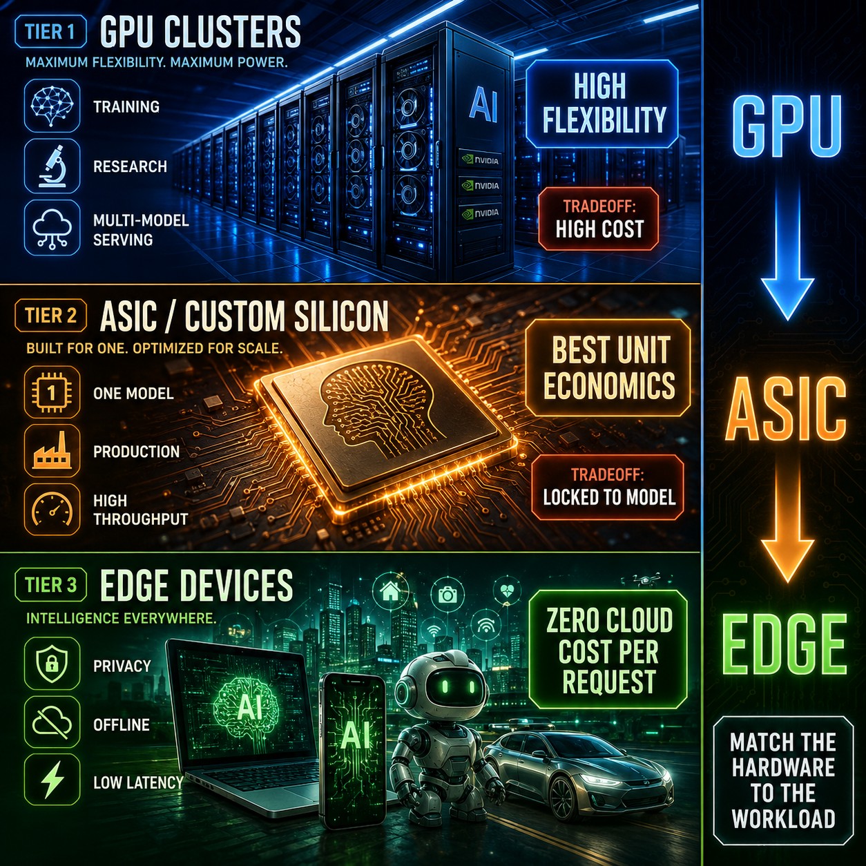 The three-tier inference stack: general-purpose GPUs, model-specific ASICs, and on-device edge models