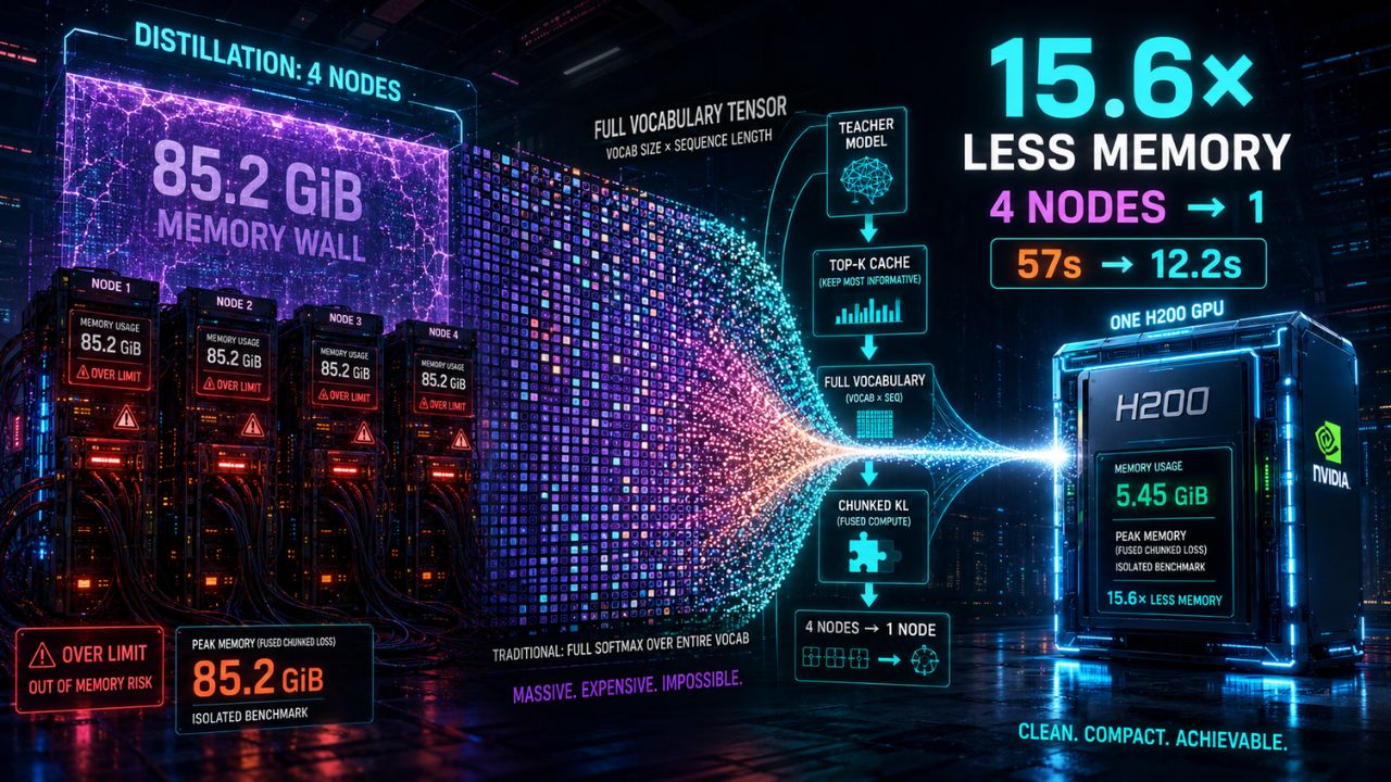 The 15.6x memory hack: fused chunked KL loss and offline logits caching for single-GPU knowledge distillation