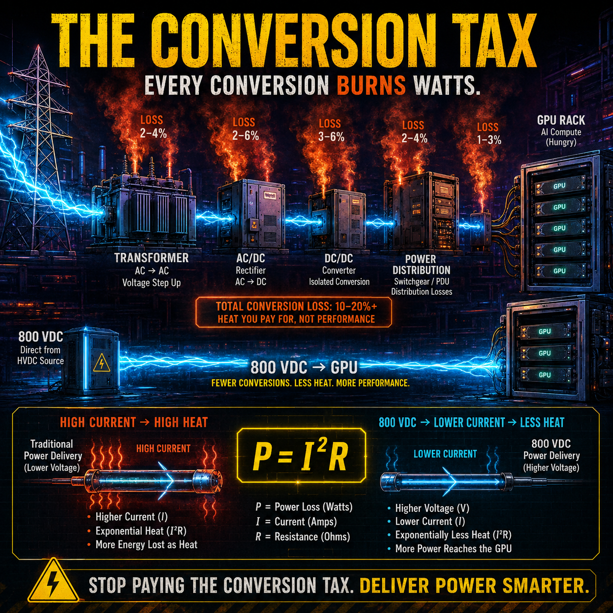 The conversion tax: every AC-to-DC conversion stage between the substation and the rack loses energy as heat