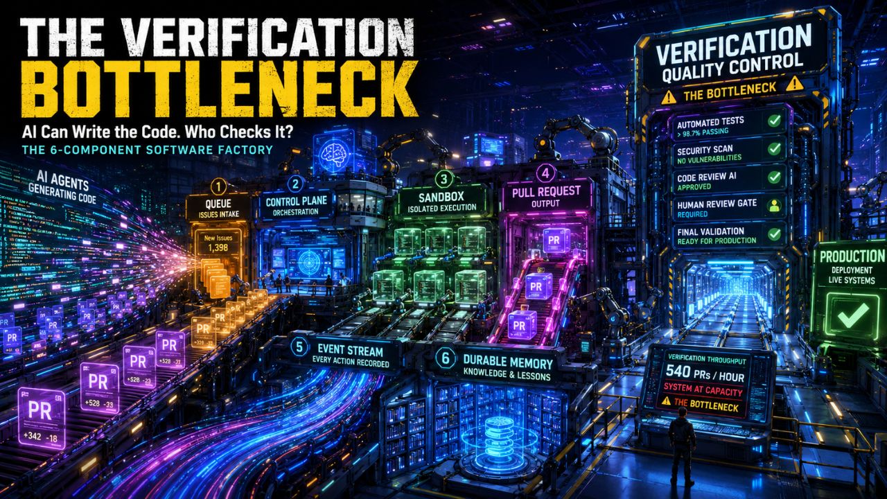 The six-component software factory: verification is the new bottleneck in AI code generation