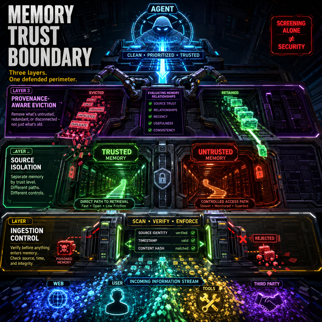 The Memory Trust Boundary: three structural layers, Ingestion Control, Isolation by Source, and Eviction with Provenance, defend agent persistent memory from poisoning