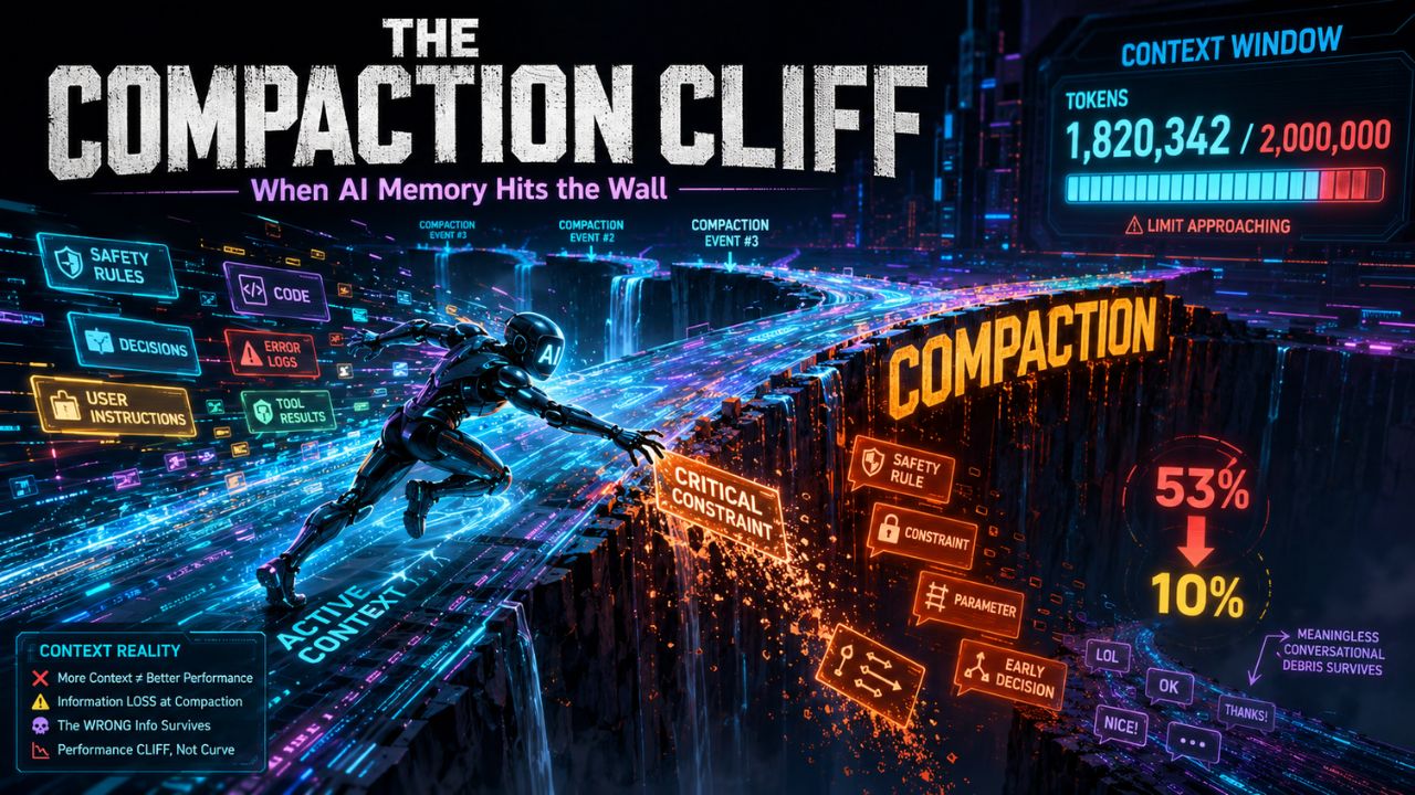 The Compaction Cliff: an agent compresses its memory to fit a context window and performance drops sharply
