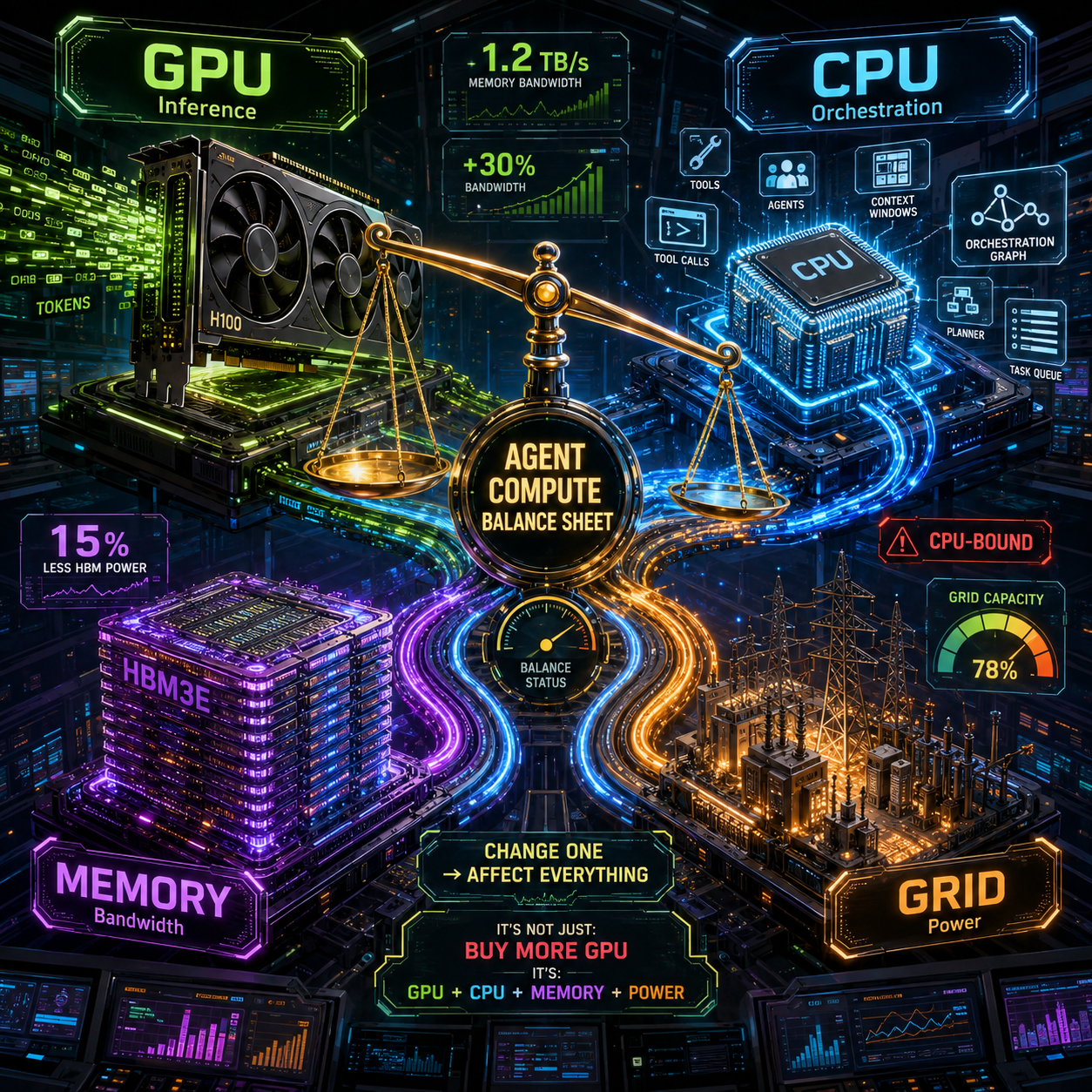 Agent Compute Balance Sheet infographic showing GPU, CPU, memory bandwidth, and grid power as four color-coded domains around a balance scale