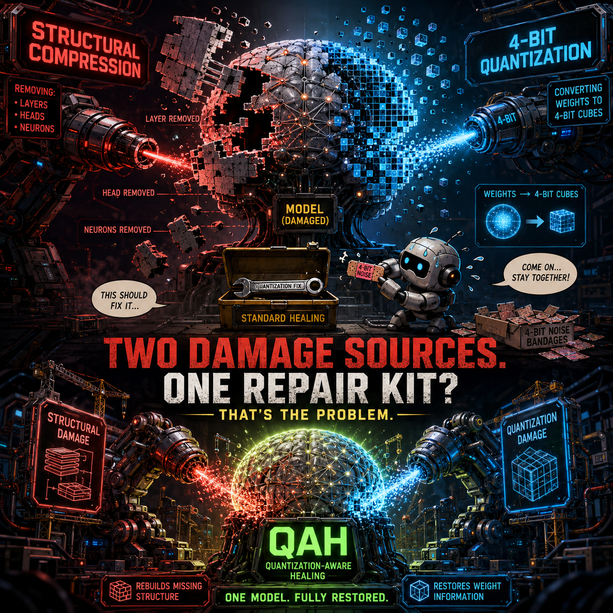 Structural compression versus 4-bit quantization. Structural compression removes layers, heads, and neurons from the network. 4-bit quantization shrinks the numbers that represent each weight. Quantization-Aware Healing recovers what both damage.
