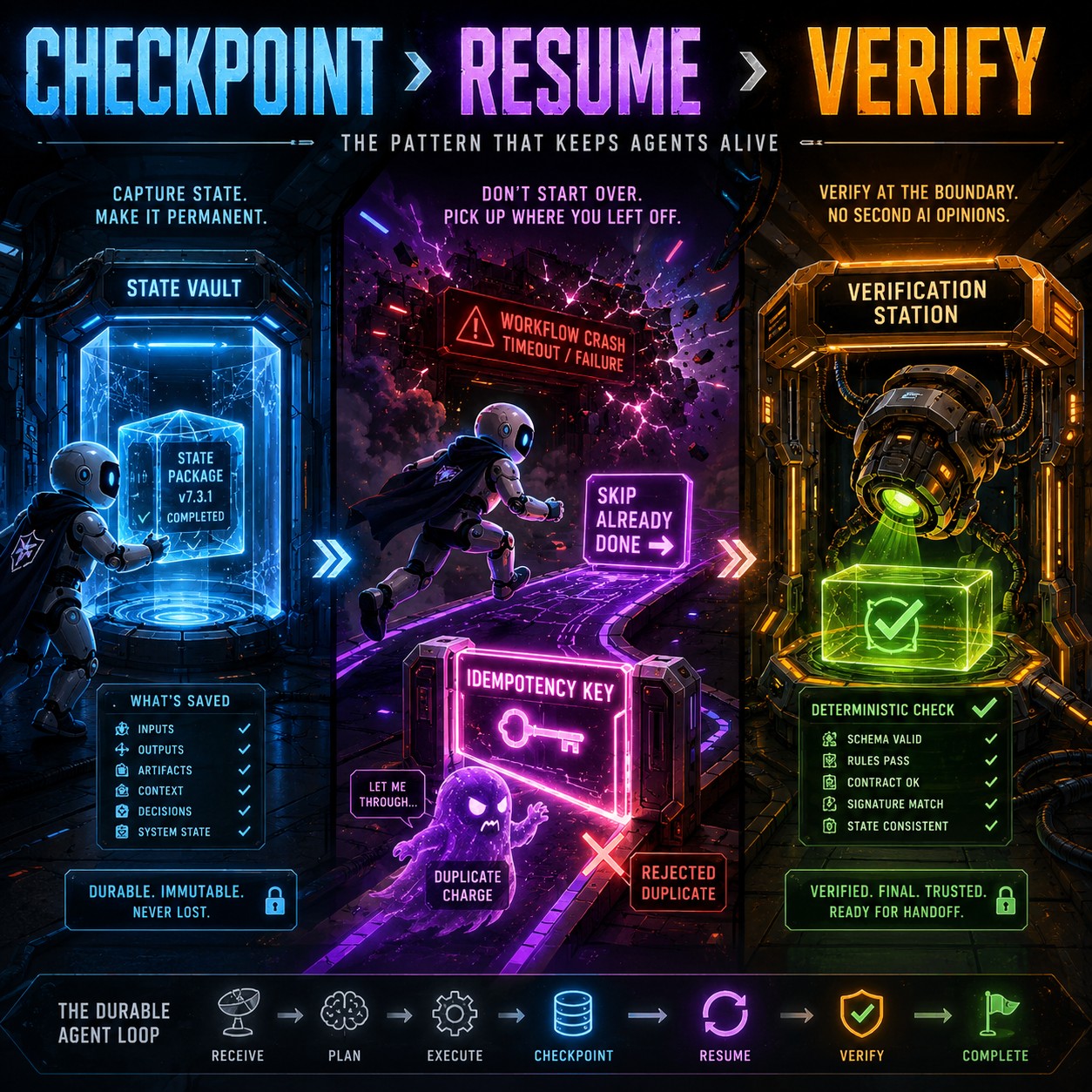 The Checkpoint-Resume-Verify pattern: persist state, skip already-done work on resume, verify mechanically at the boundary