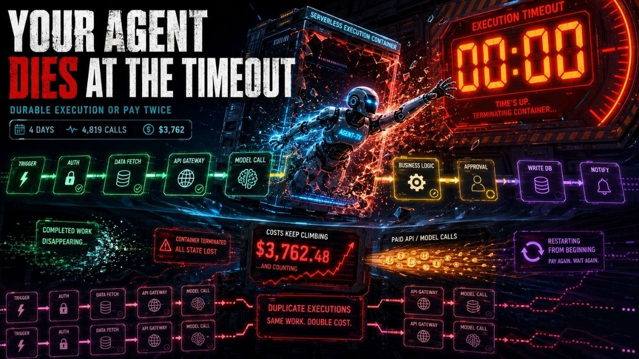 Your agent dies at the serverless timeout, restarting from scratch and paying twice for already-completed work