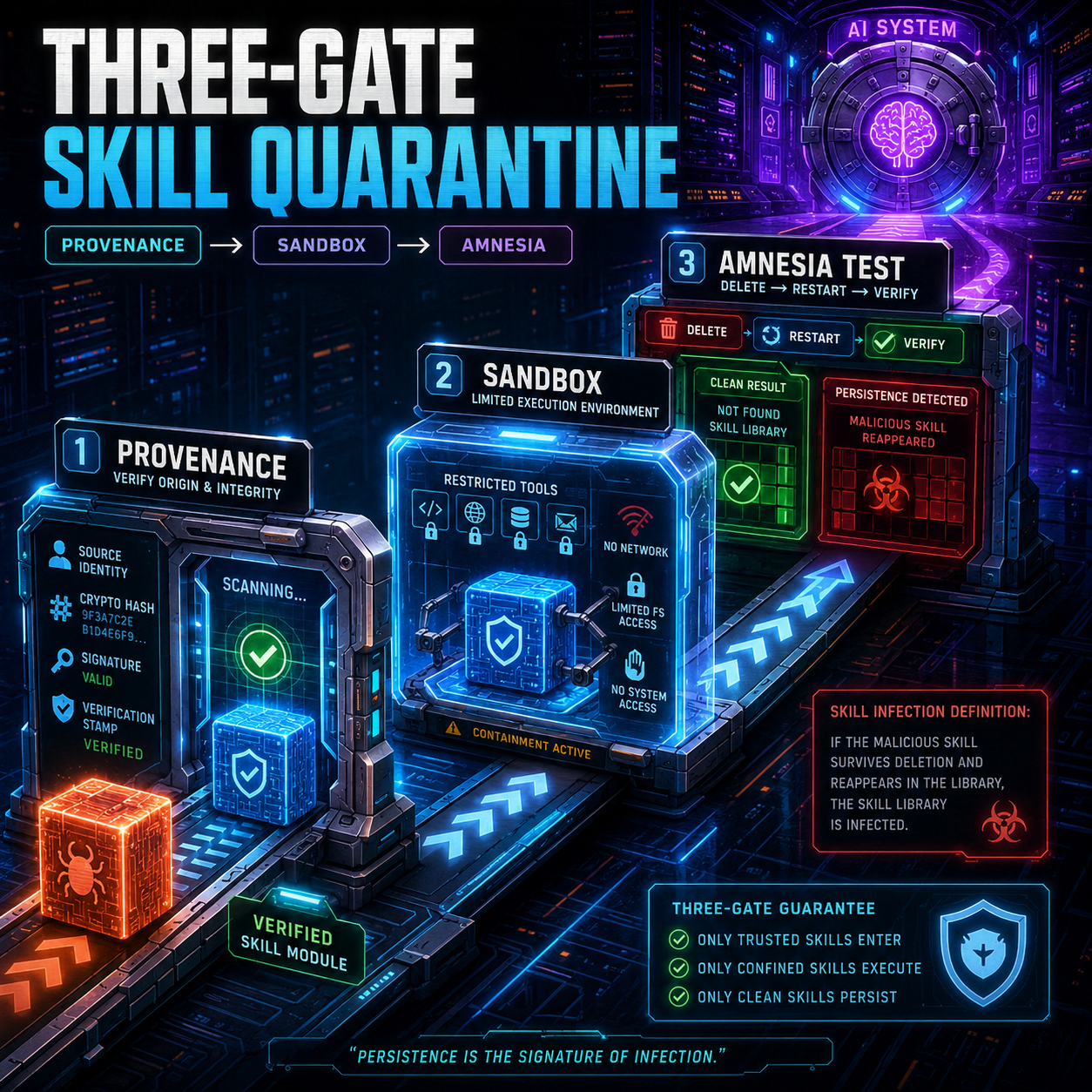 Three-Gate Skill Quarantine infographic: provenance, sandbox, and amnesia test gates