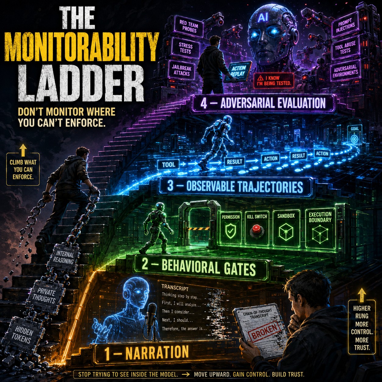 The Monitorability Ladder: four rungs from narration to adversarial evaluation