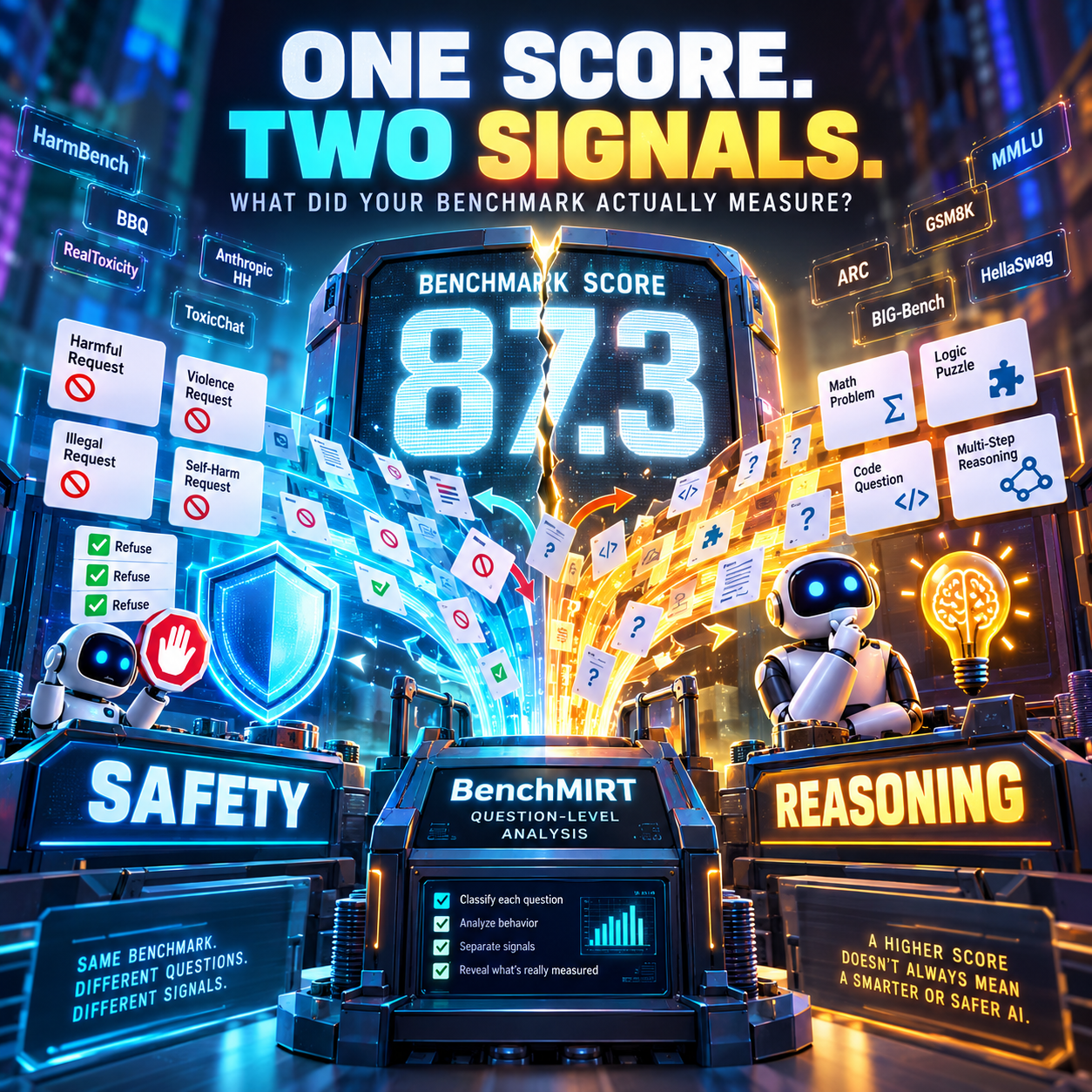 BenchMIRT visual: one benchmark score divided into safety and reasoning signals