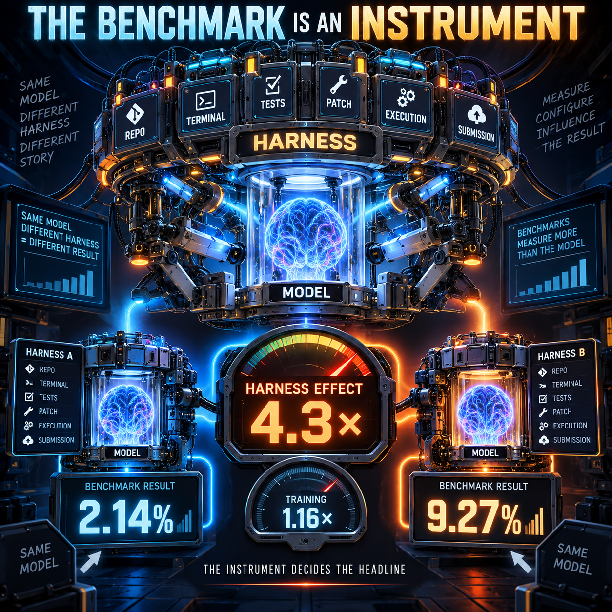 The Benchmark Is an Instrument infographic showing Harness A at 2.14 percent and Harness B at 9.27 percent on the same model, with a 4.3x harness effect versus a 1.16x training effect