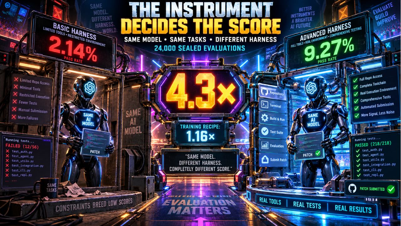 The same AI model scored 2.14 percent through a basic harness and 9.27 percent through an advanced harness, a 4.3x harness effect