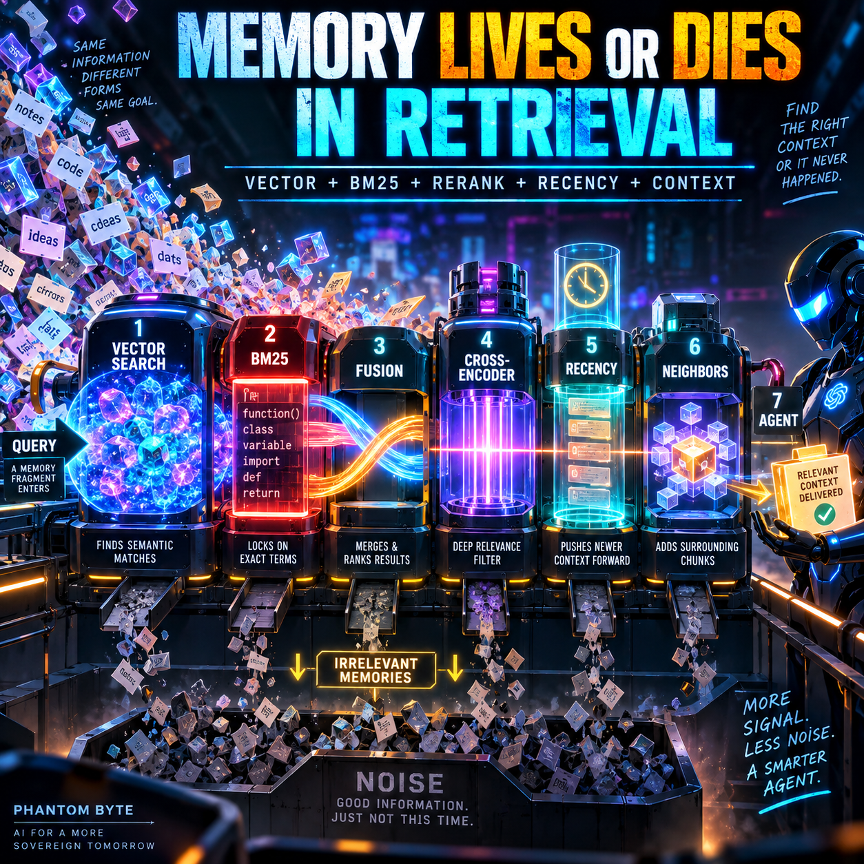 Infographic of the memory retrieval pipeline: vector search, BM25, fusion, cross-encoder rerank, recency reweighting, and neighboring chunks, with irrelevant memories falling into a noise bin