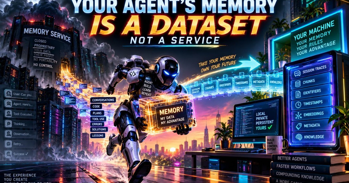 Illustration contrasting a closed proprietary memory service with a self-hosted agent memory dataset, from session traces to chunks, tokenizers, timestamps, metadata, and knowledge