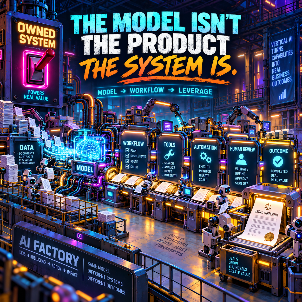 Infographic of an AI factory: the model is not the product, the system is, with a MODEL to WORKFLOW to LEVERAGE pipeline and the call to build systems, not just prompts