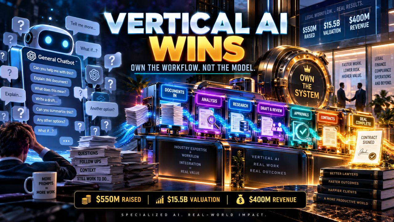 Infographic banner: vertical AI wins, own the workflow not the model, contrasting a general chatbot with a vertical AI workflow machine, with $550M raised, a $15.5B valuation, and $400M in revenue