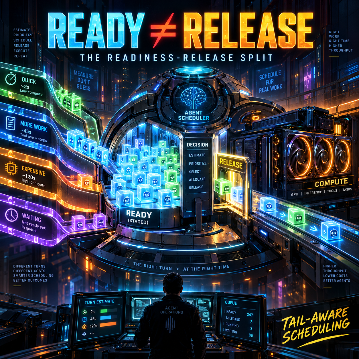 Infographic of an agent scheduler: staged robot turns flow into a central scheduler dome that estimates, prioritizes, selects, allocates, and releases work through a gate to a compute machine, with a control room tracking ready, selected, running, and waiting turns