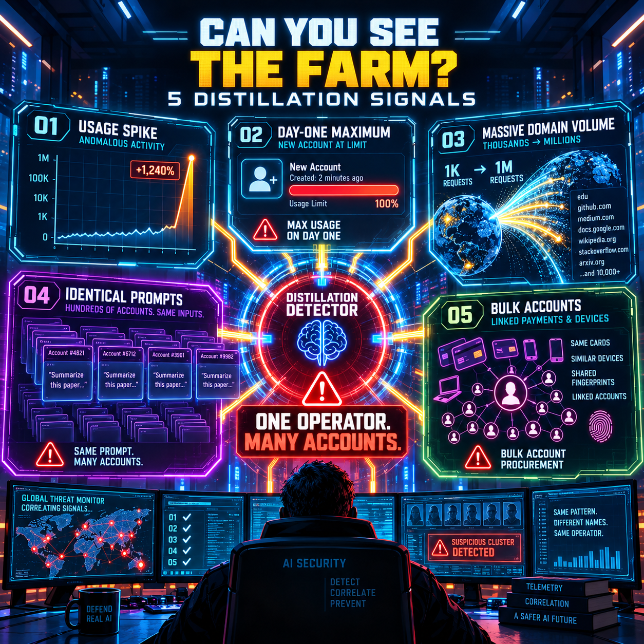 Infographic titled Can You See the Farm showing five distillation signals: a usage spike, a day-one account maximum, massive domain volume, identical prompts across hundreds of accounts, and bulk accounts, arranged around a central distillation detector over a global threat monitor