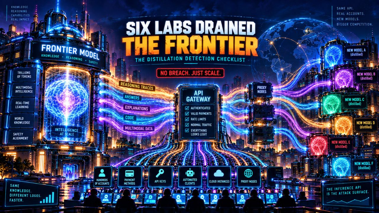 Illustration of a glowing frontier model feeding reasoning traces, answers, explanations, code, and multimodal data through an API gateway and proxy nodes into a row of distilled models, with hundreds of accounts, payment methods, API keys, automated clients, cloud instances, and proxy nodes driving the traffic