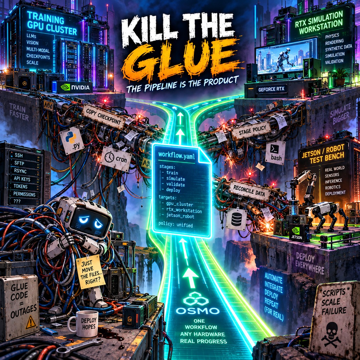 Infographic titled Kill the Glue showing a Training GPU Cluster, an RTX Simulation Workstation, and a Jetson robot test bench joined by one workflow.yaml pipeline running through OSMO, over tangled glue scripts labeled copy checkpoint, stage policy, and reconcile data
