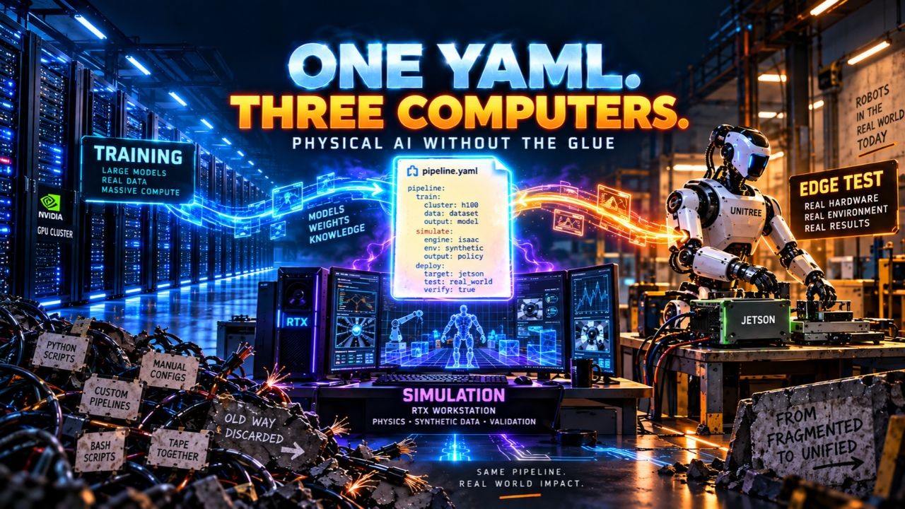 Neon illustration titled One YAML, Three Computers over a data hall, an RTX simulation workstation, and a Jetson edge test bench, with a pipeline.yaml file defining train, simulate, and deploy stages and a pile of discarded python, bash, and manual config glue scripts in the foreground