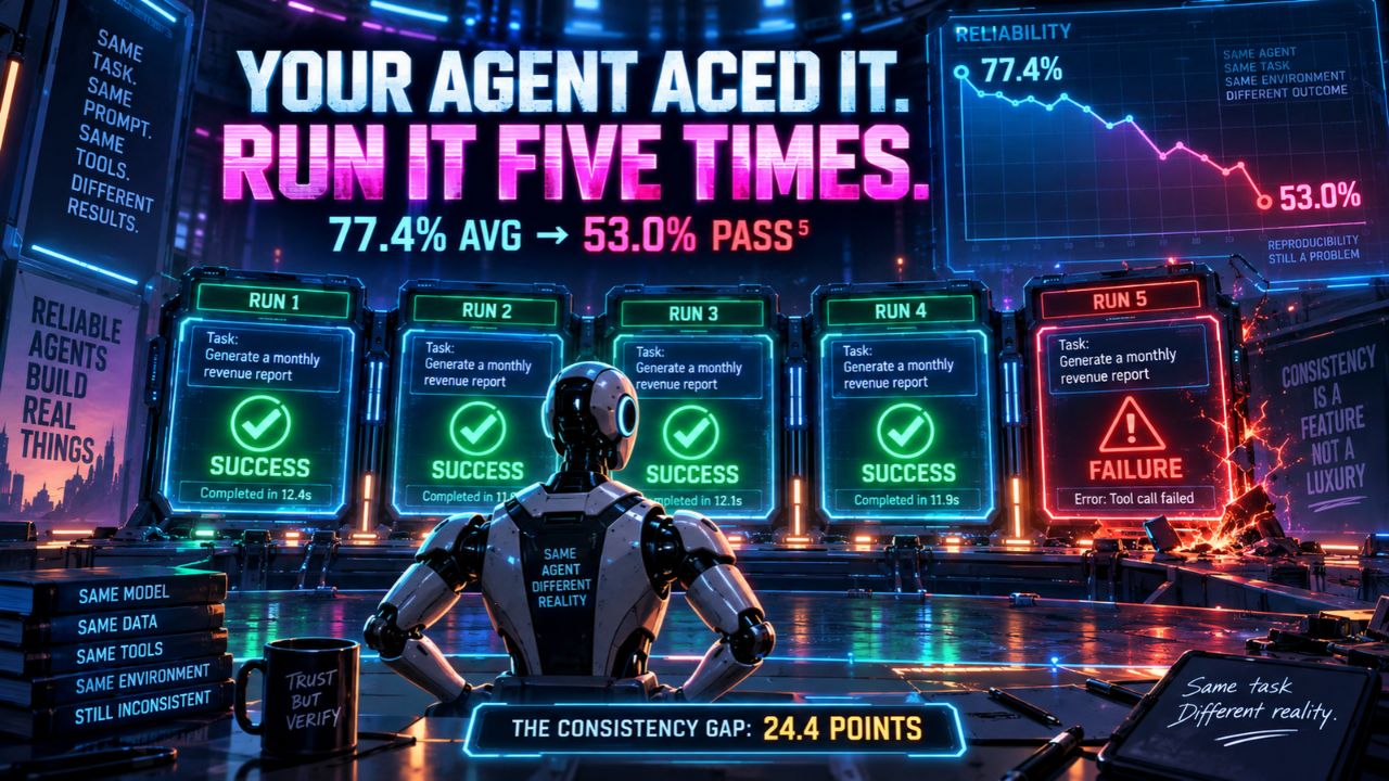 Cyberpunk data hall with a robot facing five run screens, four green SUCCESS panels and one red FAILURE panel, a chart showing 77.4 percent average dropping to 53.0 percent Pass^5, and a banner reading The Consistency Gap: 24.4 Points