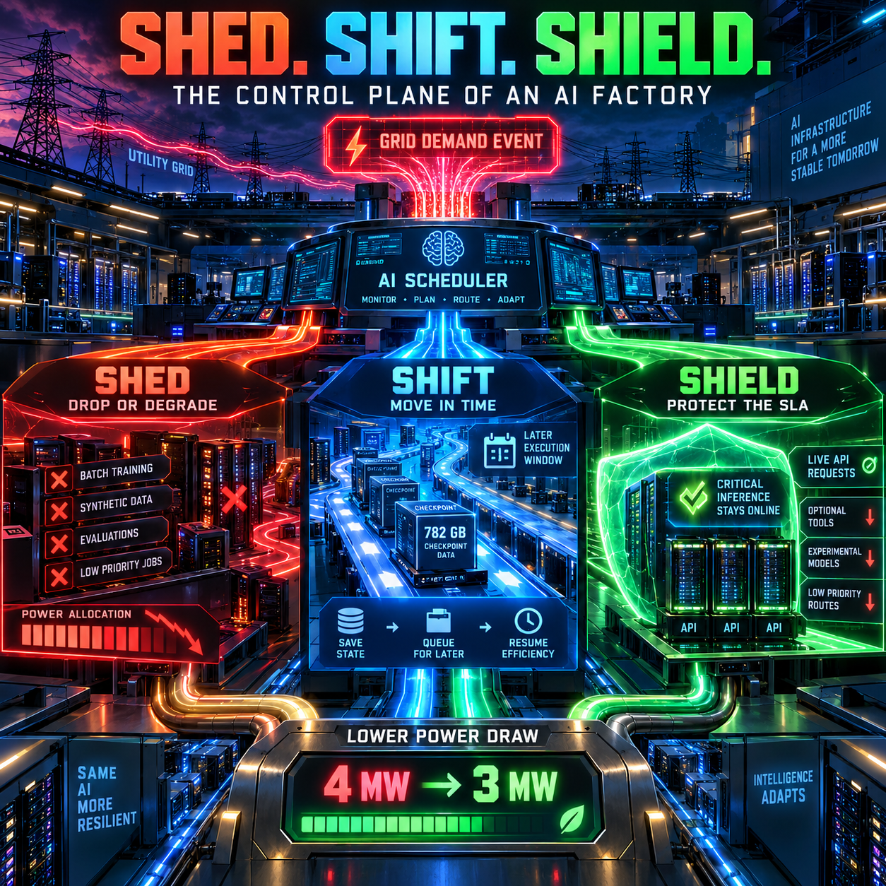 Infographic titled Shed. Shift. Shield. The Control Plane of an AI Factory, showing a central AI scheduler receiving a grid demand event and routing work into three lanes: Shed for batch training, synthetic data, evaluations, and low priority jobs with power allocation dropping; Shift for 782 GB checkpoint data and a later execution window through save state, queue for later, and resume efficiency; and Shield for critical inference staying online behind live API requests with optional tools, experimental models, and low priority routes stepping down, all ending at a lower power draw of 4 MW to 3 MW