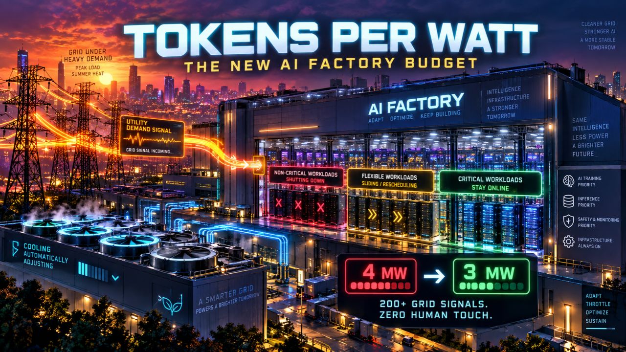 Illustration titled Tokens Per Watt: The New AI Factory Budget, showing an AI factory at dusk with a utility demand signal arriving over transmission lines, non-critical workloads shutting down, flexible workloads rescheduling, and critical workloads staying online, with cooling automatically adjusting and facility draw dropping from 4 MW to 3 MW across 200-plus grid signals