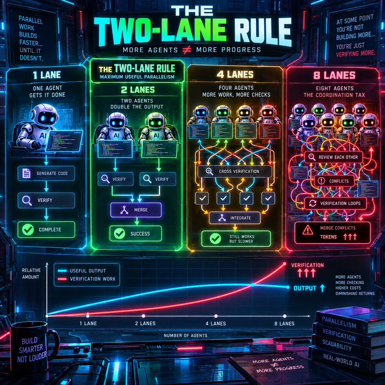 Infographic titled The Two-Lane Rule, More Agents Does Not Equal More Progress, comparing one, two, four, and eight parallel agent lanes: one lane generates, verifies, then completes; two lanes run verify steps in parallel and merge for success as the maximum useful parallelism; four lanes cross-verify and integrate, still working but slower; eight lanes fall into reviewing each other, merge conflicts, and verification loops as token use climbs, above a chart showing useful output flattening while verification work rises steeply from one to two to four to eight lanes