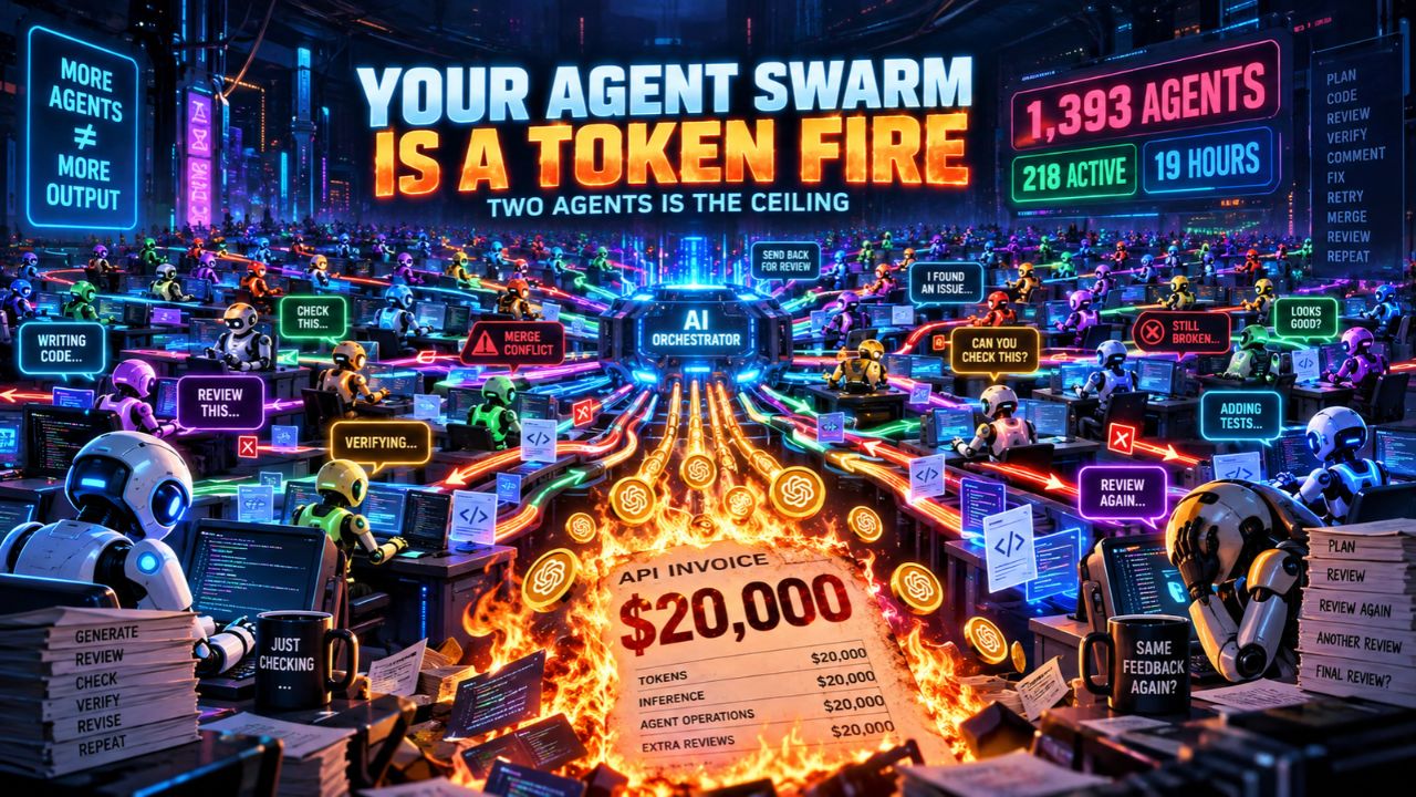 Illustration titled Your Agent Swarm Is a Token Fire, Two Agents Is the Ceiling, showing rows of robot agents at workstations around a central AI orchestrator, speech bubbles reading send back for review, merge conflict, check this, verifying, I found an issue, still broken, and review again, a burning twenty-thousand-dollar API invoice itemizing tokens, inference, agent operations, and extra reviews, and dashboard readouts of 1,393 agents, 218 active, and 19 hours