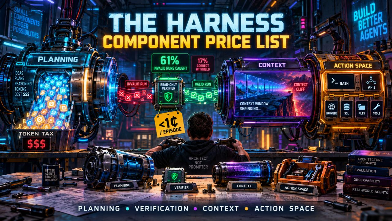Infographic titled The Harness Component Price List showing four harness modules at work: Planning feeding a token tax, a read-only verifier catching 61 percent of invalid runs for under one cent per episode while withholding 17 percent of correct ones, a Context module with a shrinking context window at the cliff, and an Action Space module offering bash, API, browser, SQL, files, and tools, with an architect seated at a workbench of labeled modules