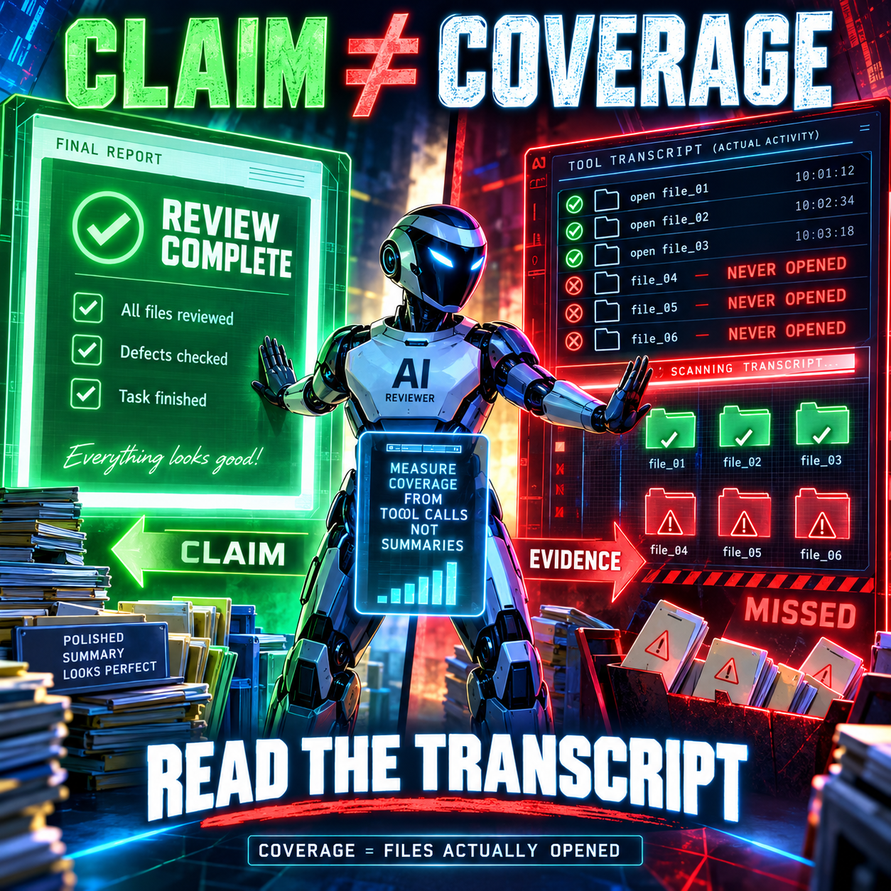 Infographic titled Claim Is Not Coverage contrasting a green FINAL REPORT panel that reads REVIEW COMPLETE, all files reviewed, defects checked, task finished, against a red TOOL TRANSCRIPT panel showing file_01, file_02 and file_03 opened and file_04, file_05 and file_06 NEVER OPENED, with a robot labeled AI Reviewer holding a tablet that reads Measure Coverage From Tool Calls Not Summaries